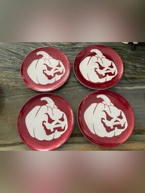 Halloween Jack-o’-lantern Set of 4 Red and White Decorative Plates 7”